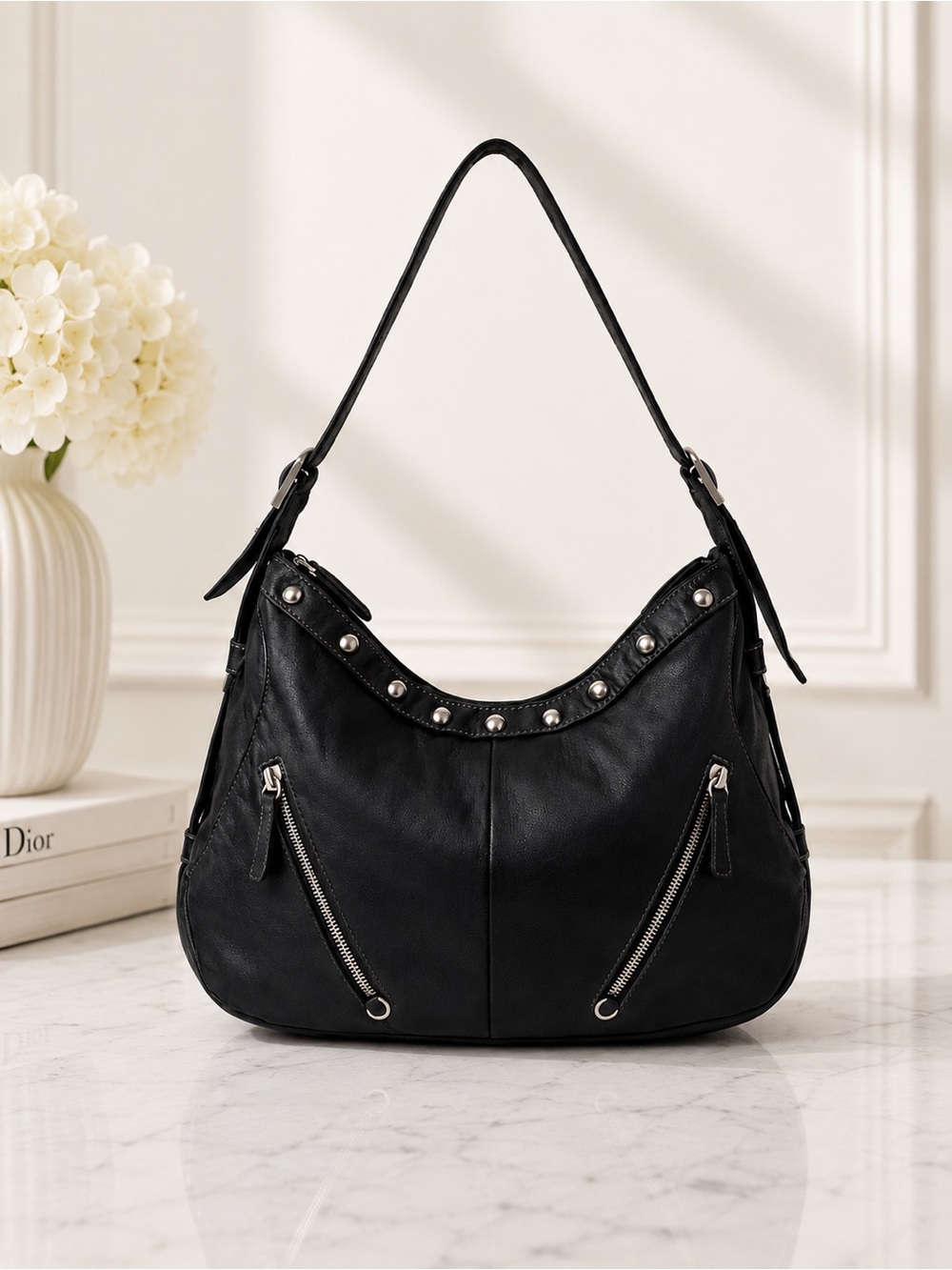 Kate Landry Black Leather Studded Hobo Shoulder Bag Zip Pocket Purse Y2K